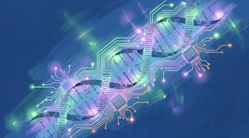 Hélice de ADN formada por palabras, conectada a microchips y circuitos de luz sobre un fondo azul.