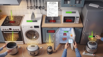 Cocina con estufa, lavadora, nevera, microondas y arroceras, mostrando medidores luminosos y números rojos. Manos interactúan con pantallas y una factura de electricidad.