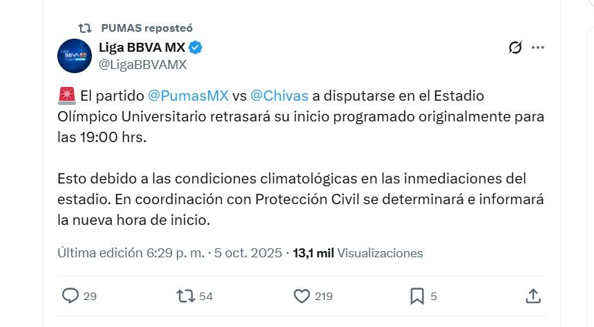 Por lluvias, se atrasa el inicio del partido (X/ @LigaBBVAMX)