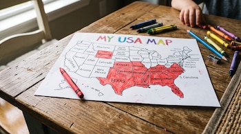 Mapa de Estados Unidos en papel con 15 estados coloreados de rojo, rodeado de crayones y lápices de colores sobre una mesa de madera. Una mano infantil visible