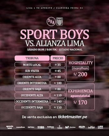 Entradas para el Sport Boys vs Alianza Lima en el Estadio Nacional.