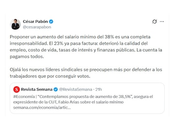César Pabón, director ejecutivo de Investigaciones Económicas de Corficolombiana,. adujo que el aumento del 35% es una irresponsabilidad - crédito @CesarPabon/X