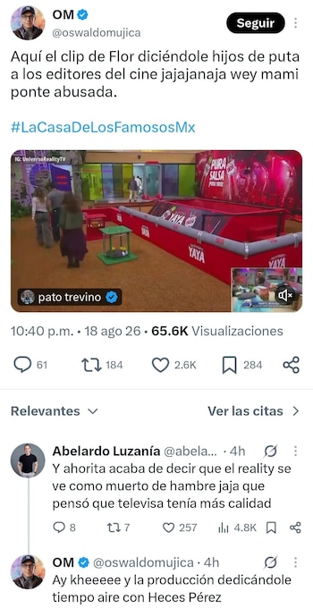 Captura de pantalla de un tuit de Oswaldo Mujica con un video de un reality show, logotipos de marcas y texto que alude a Flor Vigna