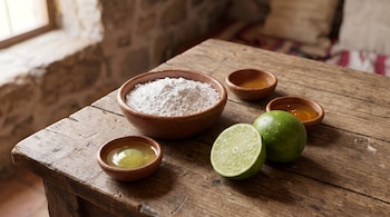 Cuencos de barro con azúcar en polvo, clara de huevo y jarabe junto a limones sobre una mesa de madera.