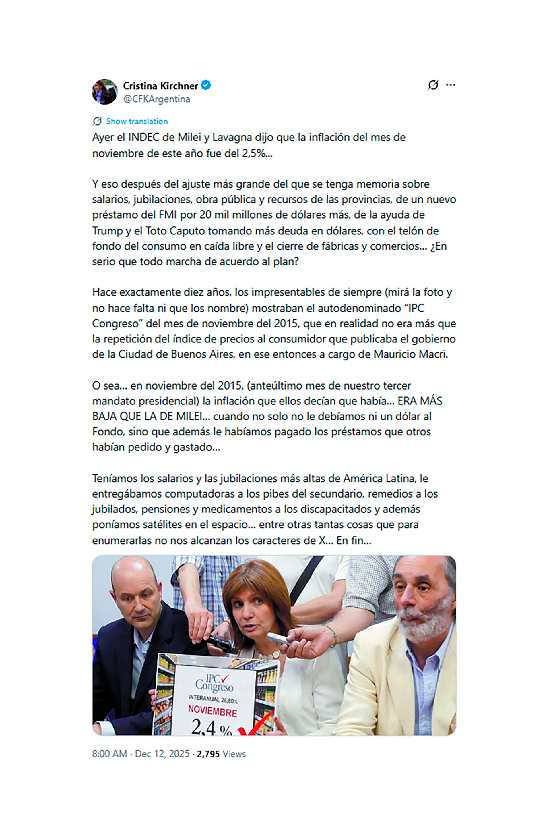 El tuit de Cristina Kirchner en donde se refiere al índice de la inflación mensual actual (@CFKArgentina)