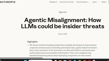 Captura de pantalla de la página web de Anthropic mostrando el titular 'Agentic Misalignment: How LLMs could be insider threats' y texto relacionado