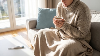 Persona con suéter y manta en sofá, sosteniendo taza. Termómetro digital en mesa con lectura de 36.6 grados Celsius.