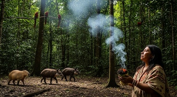 Mujer de perfil con atuendo tradicional sostiene manojo de hojas humeantes en la selva; tres guacamayos en rama, capibara y dos tapires en el suelo.