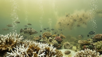 Arrecife submarino con corales blancos y de color, peces, burbujas, un amonite, un trilobite en el lecho marino y una nube de sedimento.