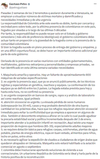 O presidente em exercício apresentou sete ações prioritárias para apoiar o atendimento às vítimas e fortalecer a cooperação entre os dois países. - crédito @petrogustavo/X