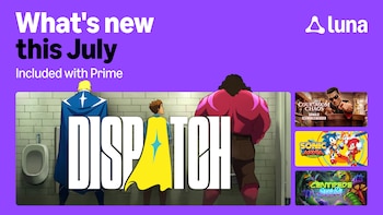 Fondo púrpura. Texto 'What's new this July', 'Included with Prime', logo Luna. Ilustración de tres hombres animados en un baño. Tres portadas de videojuegos