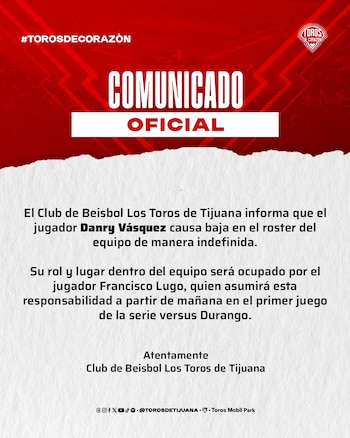 La sanción de los Toros de Tijuana establece que Danry Vásquez no puede participar en la LMB mientras la suspensión esté vigente y no se fijae fecha de regreso. (X/ @TorosDeTijuana)