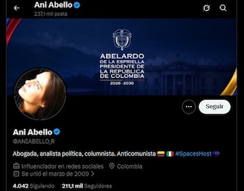 Cuenta con una activa presencia en X, donde comparte sus posiciones sobre la política nacional y la actualidad del país - crédito Ana Marái Abello/X