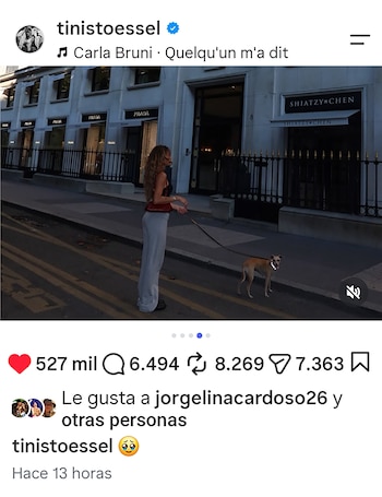 Captura de pantalla de Instagram: mujer paseando un perro con correa frente a tiendas de Prada y Shiatzy Chen, con datos de interacción social