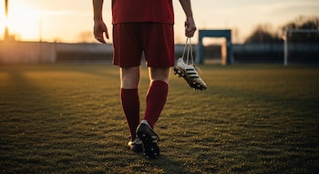 Hombre vestido de rojo camina de espaldas sobre campo de césped. Lleva botines de fútbol con cordones en una mano. El sol se pone al fondo.