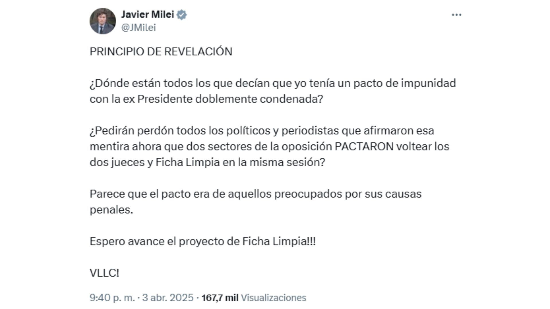 El presidente acusó a la oposición de pactar para frenar la aprobación de los pliegos y el proyecto de Ficha Limpia (X: @JMilei)