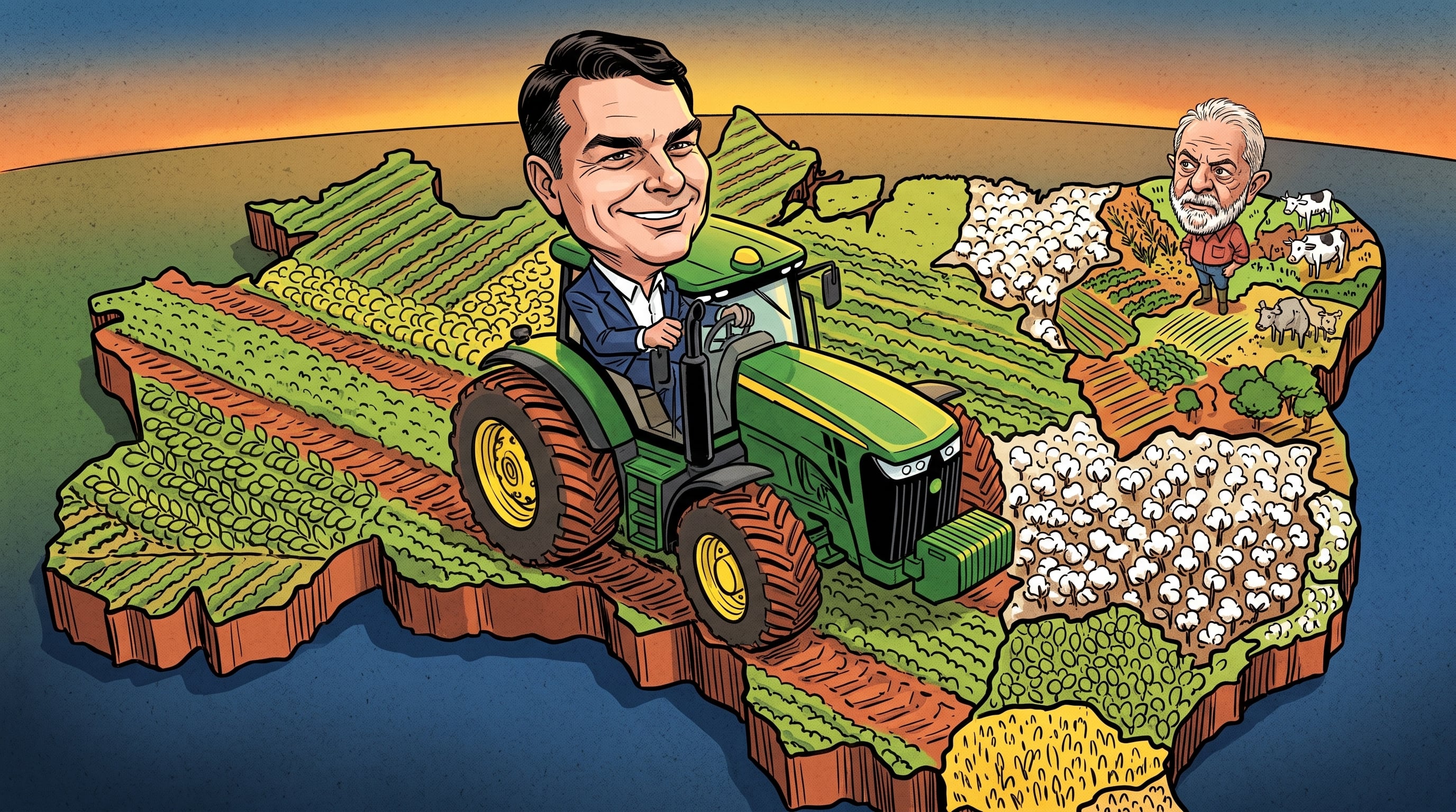 Una ilustración sobre el mapa de Brasil sitúa al senador Flávio Bolsonaro sobre un tractor en las zonas agrícolas frente al presidente Luiz Inácio Lula da Silva (Imagen Ilustrativa Infobae)