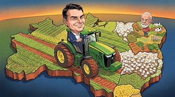 Caricatura en mapa de Brasil con Flávio Bolsonaro en un tractor verde sobre cultivos y Lula da Silva de pie en el sector noreste.