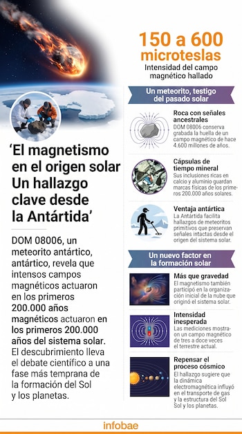 Infografía con texto sobre el meteorito DOM 08006, ilustraciones de campos magnéticos, un meteorito en llamas y científicos en la nieve.