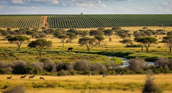 Vista aérea de uma paisagem de savana com árvores, rios, elefantes, zebras e antílopes ao longo de colinas cobertas por culturas em linha.
