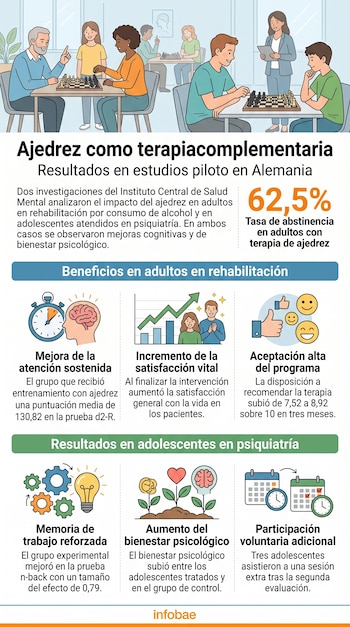 Infografía con una ilustración de personas jugando al ajedrez, gráficos, íconos explicativos, datos numéricos y el logotipo de Infobae.