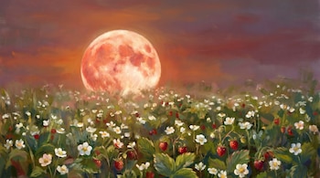 Pintura impresionista de una gran luna roja y anaranjada elevándose sobre un campo de fresas silvestres en flor con bayas rojas, bajo un cielo cálido.