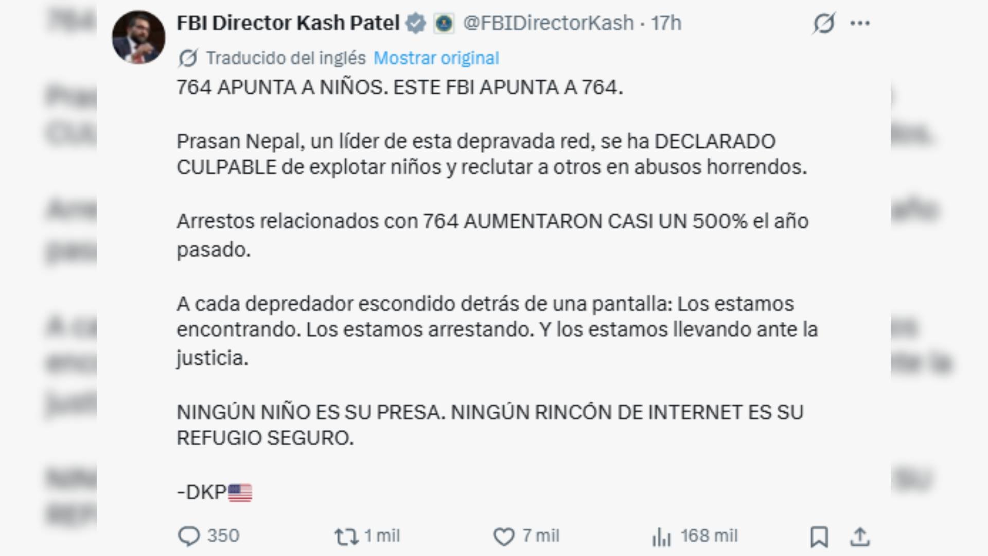 Una publicación en la red social X atribuida al director del FBI, Kash Patel, informa sobre la declaración de culpabilidad de un líder de la red 764. (@FBIDirectorKash)