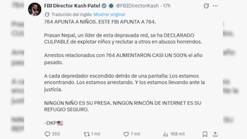 Captura de pantalla de un mensaje en la red social X de la cuenta de Kash Patel con texto traducido sobre la red 764