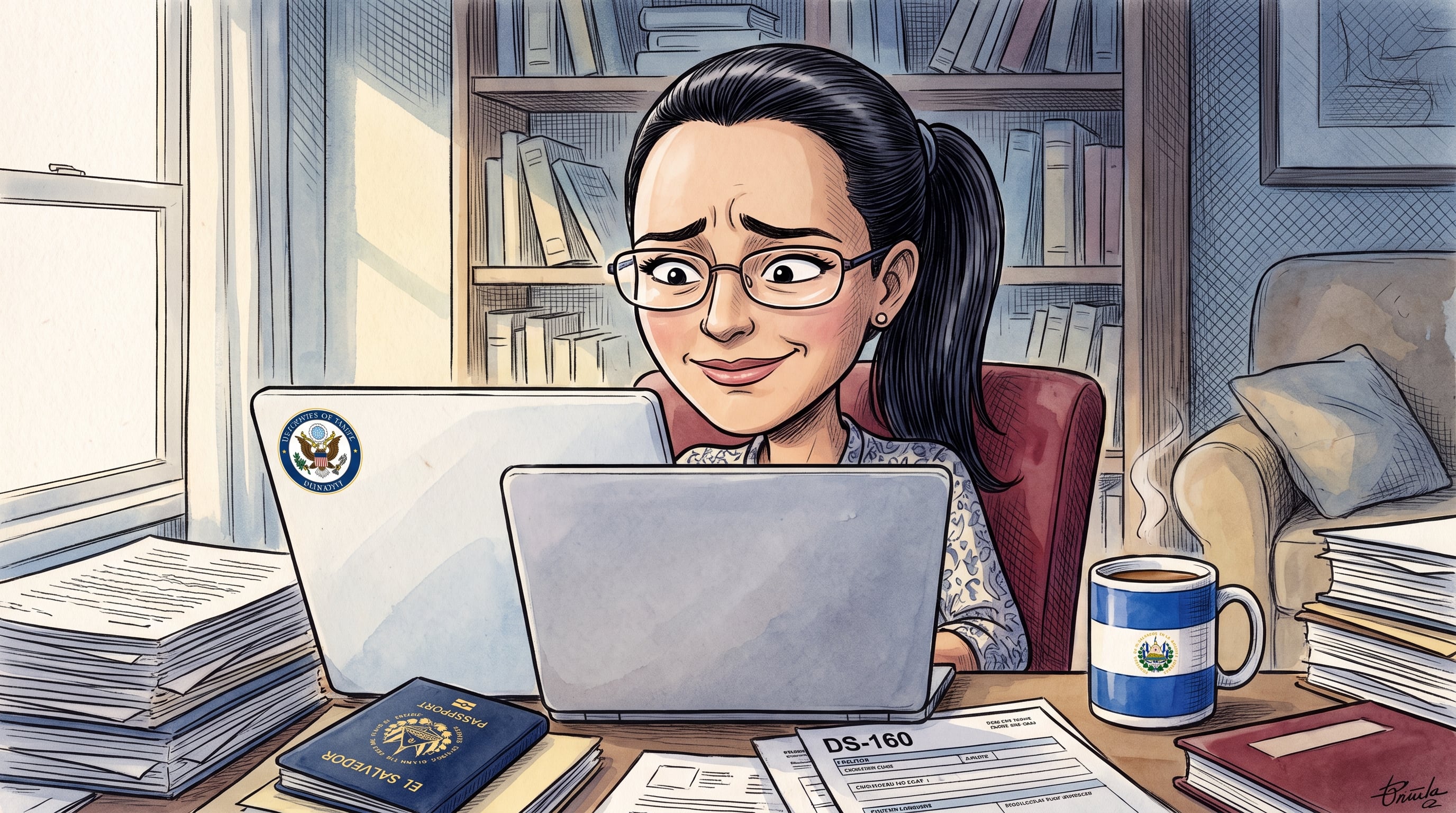 Karla López, mujer salvadoreña, completa el formulario DS-160 para su solicitud de visa ante la Embajada de Estados Unidos, sentada frente a su computadora. (Imagen Ilustrativa Infobae)
