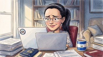 Mujer con lentes frente a dos computadoras portátiles, documentos, pasaporte de El Salvador, formulario DS-160, taza con bandera de El Salvador. Fondo con libros.