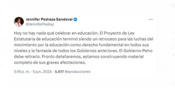Jennifer Pedraza, a través de sus redes sociales, expresó su preocupación y desacuerdo con el proyecto de ley estatutaria de educación - crédito @JenniferPedraz/X