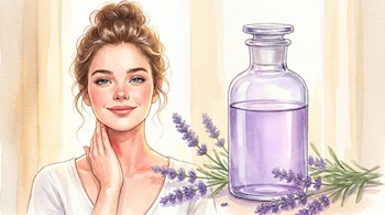 Ilustración acuarela de una mujer con moño masajeando su cuello enrojecido. Un frasco con aceite lila y lavanda fresca se ven a su lado.