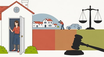 Ilustración plana que muestra a una mujer entrando a una casa blanca. Un hombre toma fotos desde un auto azul. A la derecha, una balanza de justicia y un mazo de juez.
