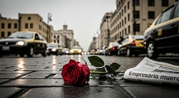 Una rosa roja con hojas verdes en una calle de adoquines mojada junto a un periódico con el titular 'Empresario muere', con taxis al fondo.