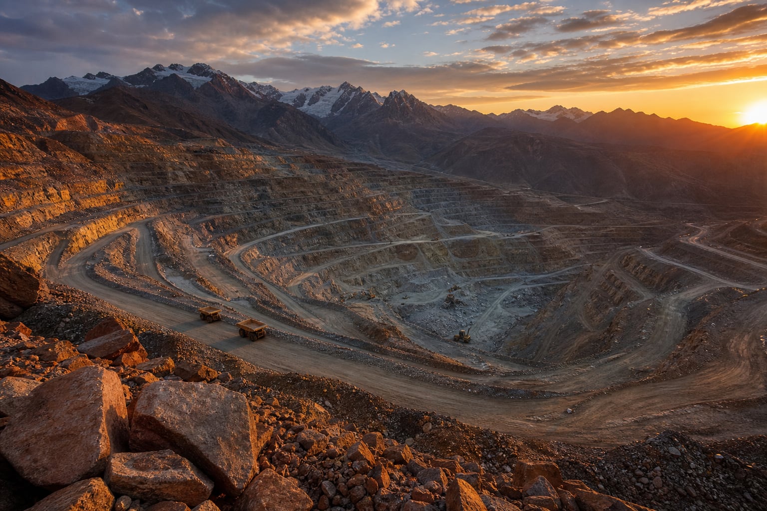 Un yacimiento minero a cielo abierto expone sus terrazas de extracción e infraestructura en la cordillera andina durante el atardecer. (Imagen Ilustrativa Infobae)