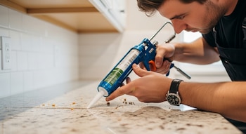 Hombre con pistola de sellado aplica material en una grieta de encimera de cocina. Hay migas y una pared de azulejos blancos al fondo.