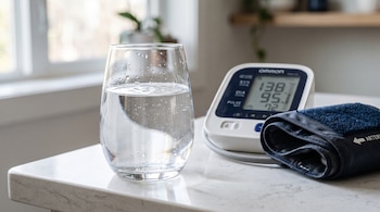 Un vaso de cristal con agua junto a un tensiómetro digital con brazalete sobre una encimera de piedra blanca.