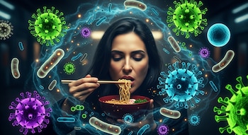 Mujer con cabello oscuro come fideos de un tazón rojo con palillos, rodeada de virus y bacterias de colores vibrantes flotando en el aire.