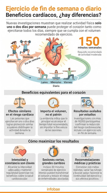 Infografía con personas ejercitándose, un corazón humano, un calendario, un cronómetro, una balanza y gráficos. Muestra requisitos de ejercicio y sus beneficios.