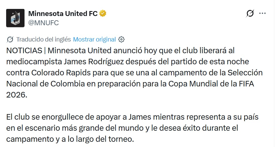 El equipo de la MLS ha confirmado que Rodríguez estará disponible desde hoy para el equipo nacional - crédito @MNUFC/X
