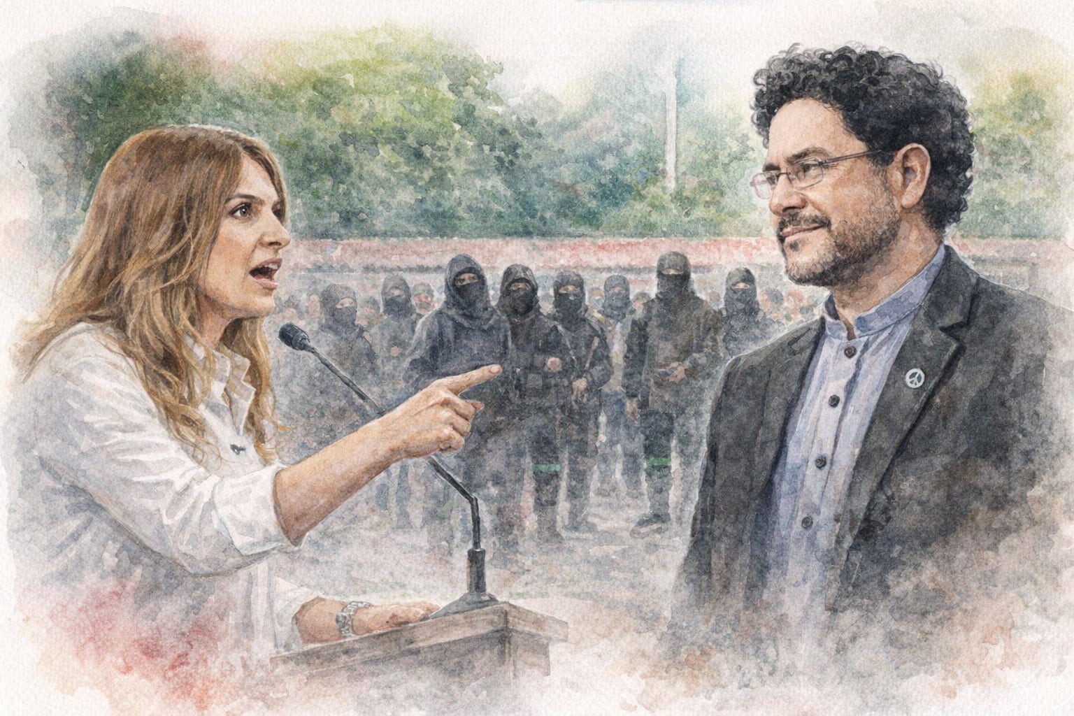Paloma Valencia acusando vehementemente a Iván Cepeda por presunta incitación a disturbios en Colombia, con un fondo de manifestaciones - crédito Imagen Ilustrativa Infobae