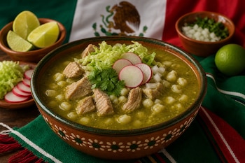 Un tazón de barro con pozole verde, carne de cerdo, lechuga y rábanos se encuentra junto a rodajas de limón y la bandera de México.