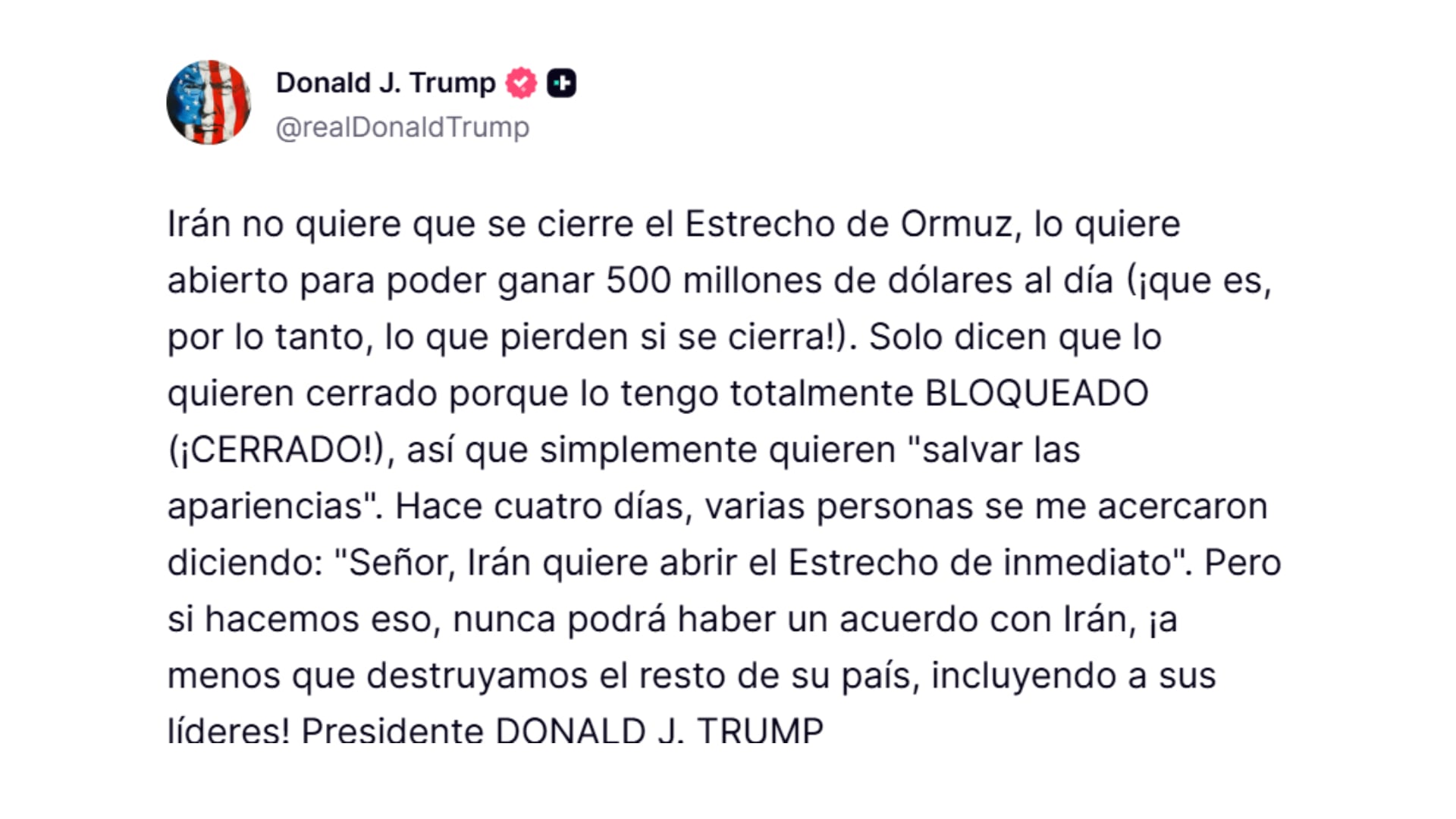 El comentario de Donald Trump en Truth Social (@realDonaldTrump)
