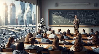 Interior de un aula universitaria con estudiantes, un profesor y una pizarra. Por la ventana, una ciudad futurista con rascacielos y robots transitando por una autopista.