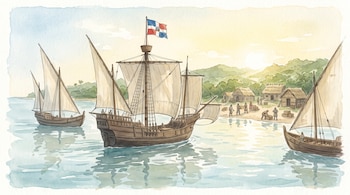 Tres carabelas de velas blancas navegan en el mar hacia una costa verde con chozas de paja y personas; la carabela central porta la bandera dominicana.