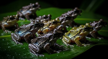Close-up de un grupo de ranas y sapos sobre hojas verdes, con sus cuerpos cubiertos de gotas de agua bajo una iluminación focalizada.