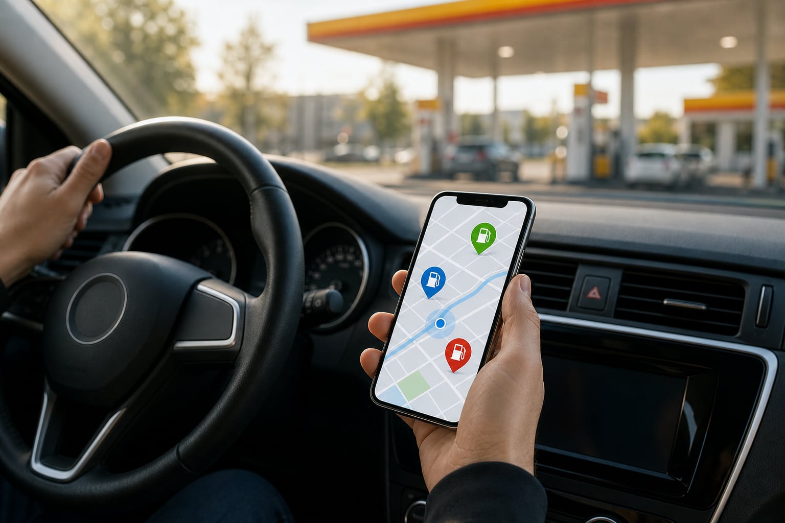 Un conductor consulta la aplicación Facilito en su teléfono móvil para ubicar estaciones de servicio cercanas antes de reabastecer combustible. (Imagen Ilustrativa Infobae)