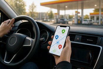 Manos al volante sostienen un teléfono con un mapa de estaciones de servicio, con una gasolinera desenfocada al fondo.