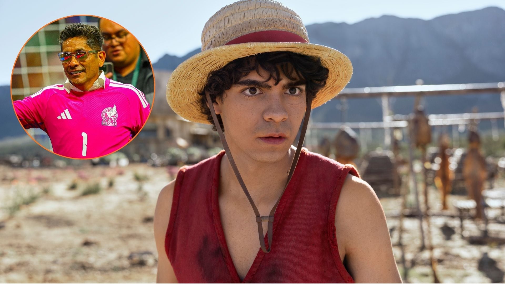 El icónico portero mexicano Jorge Campos y el personaje de One Piece, Monkey D. Luffy, anuncian su colaboración con la FIFA de cara al Mundial 2026. ( Daniel Jefferson-Imagn Images REUTERS //Casey Crafford/Netflix)
