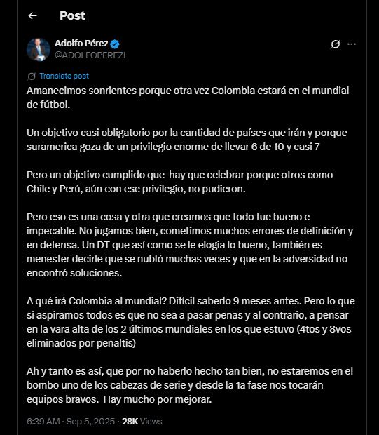 El histórico comentarista y presentador de ESPN F90 habló sobre la clasificación de Colombia al Mundial 2026 - crédito @ADOLFOPEREZL / X